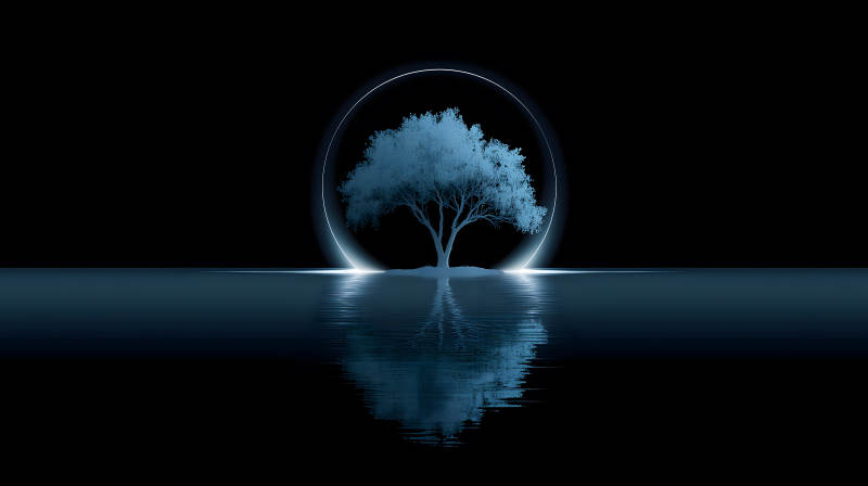 樹影水中倒影神秘意境-圖片