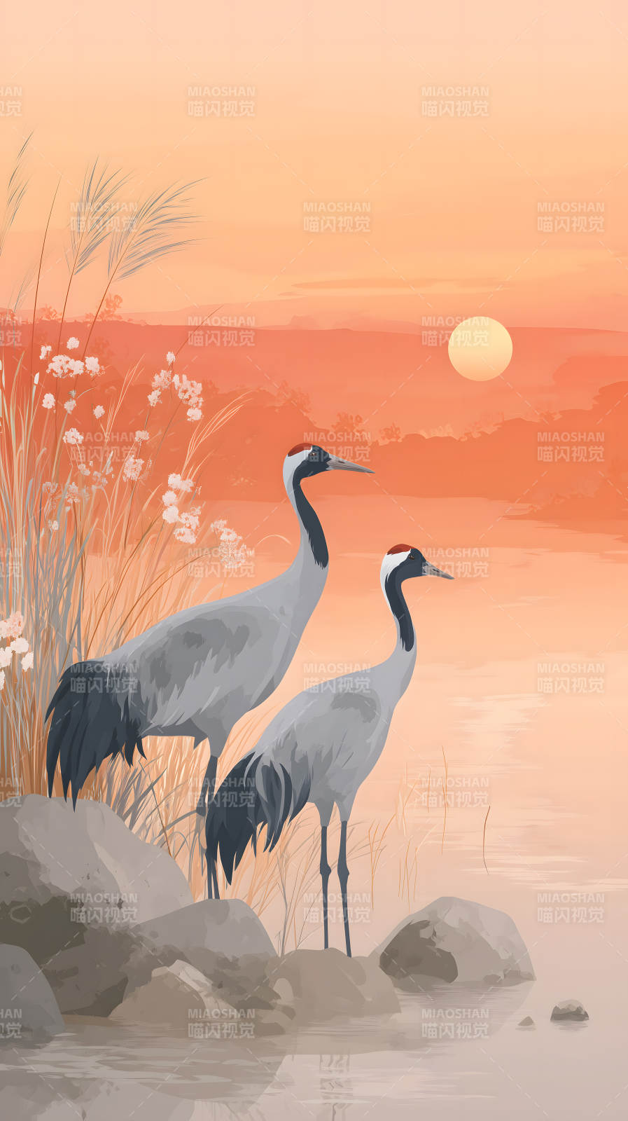 夕阳下的丹顶鹤剪影-图片