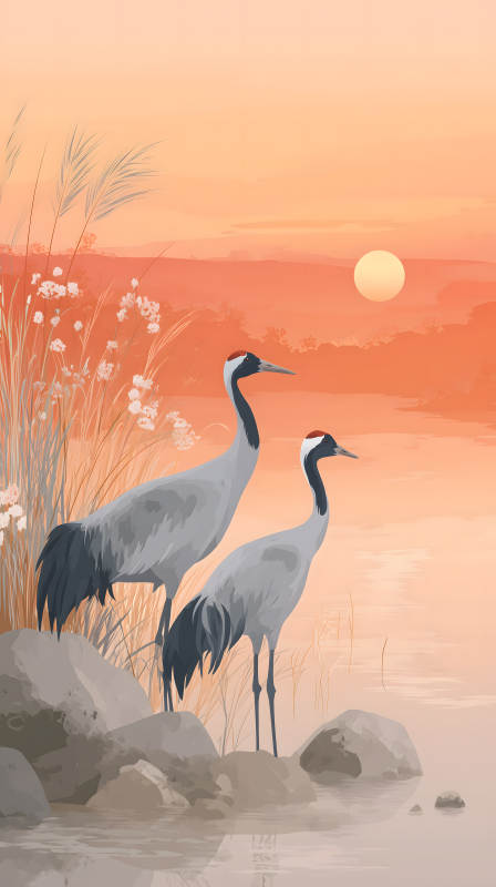 夕陽下的丹頂鶴剪影-圖片