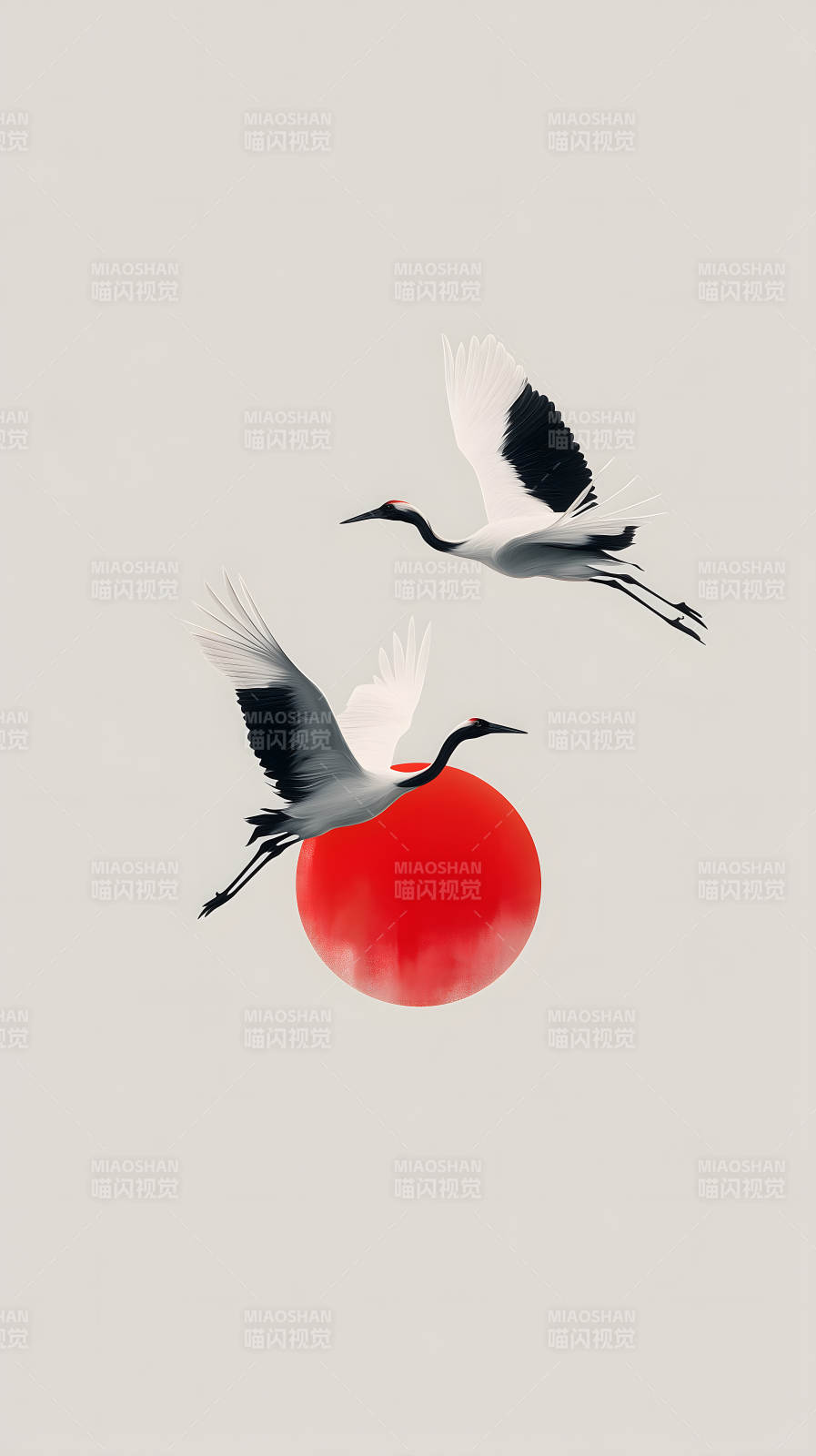 鶴與紅日唯美意境-圖片