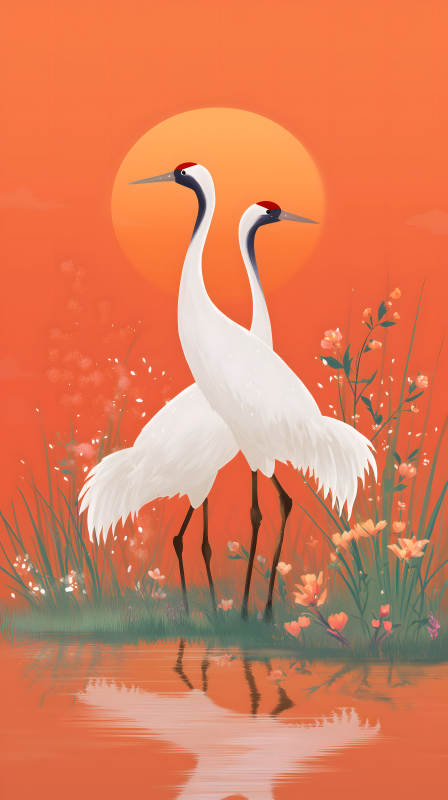 鶴影夕陽美景-圖片