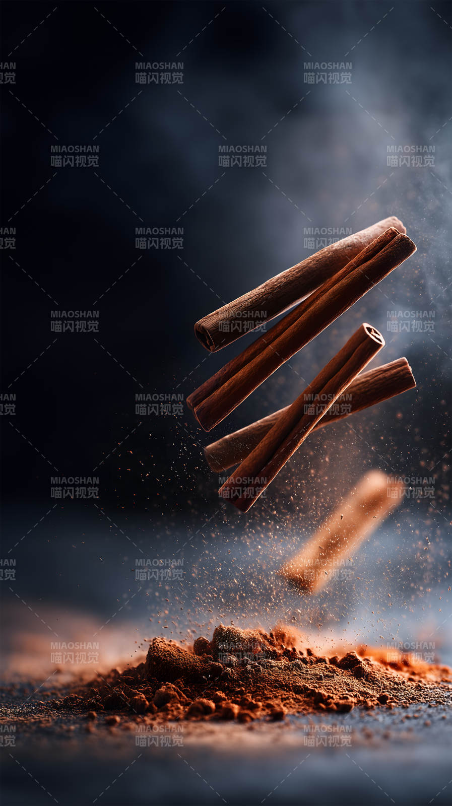 懸浮的肉桂棒與粉末-圖片