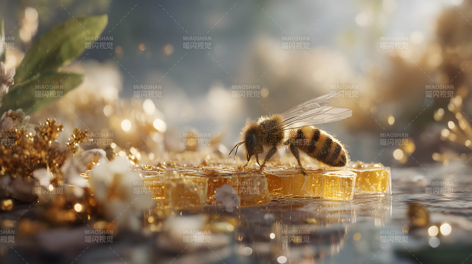 蜜蜂采蜜金光閃耀-圖片