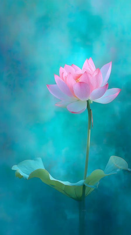 粉色蓮花綻放于藍(lán)綠色背景-圖片