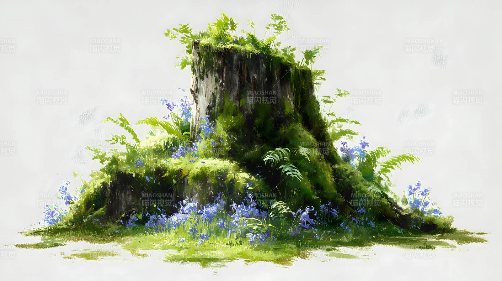 青苔樹墩鮮花叢生-圖片