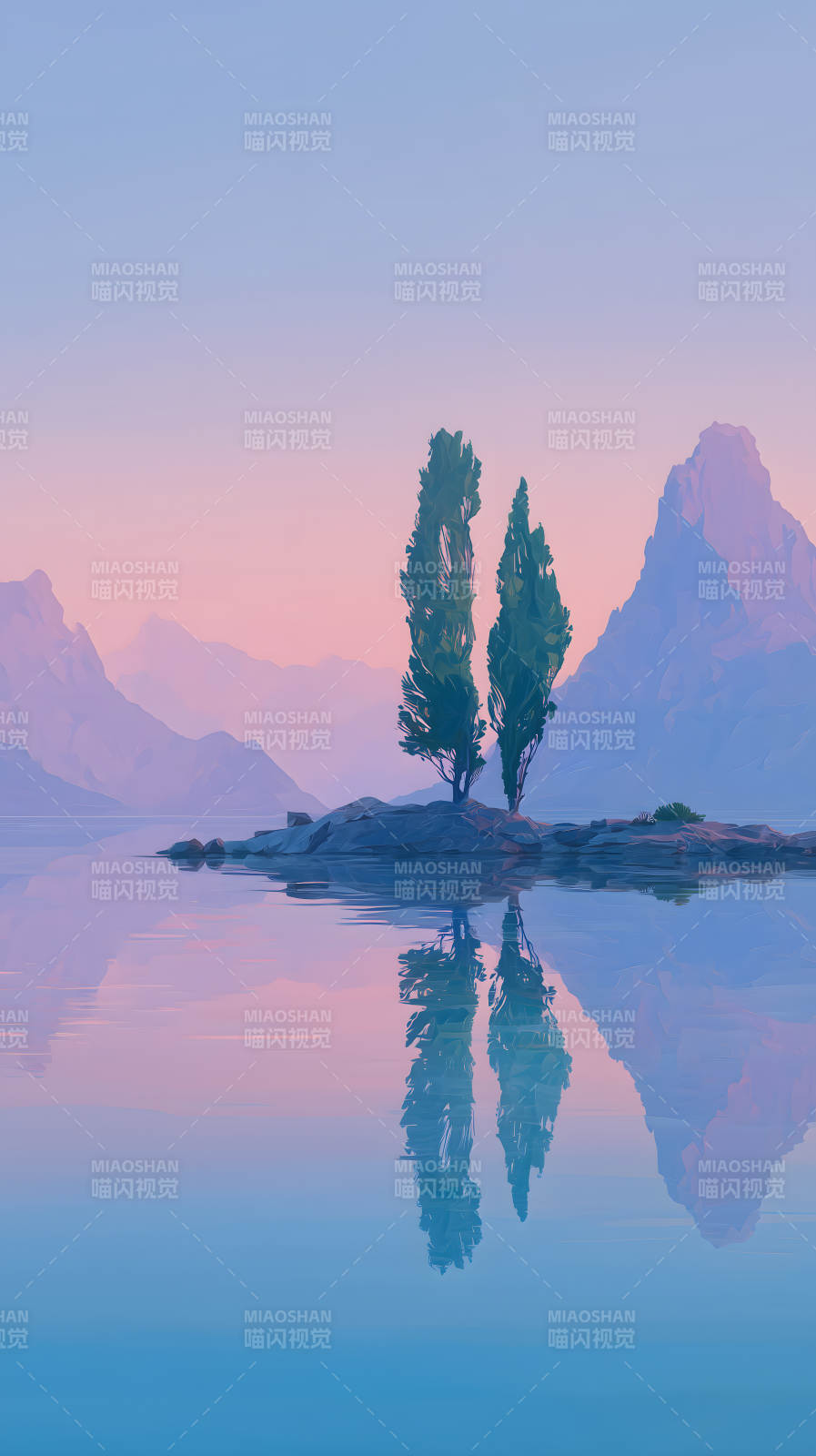 湖泊山峰樹(shù)木倒影-圖片