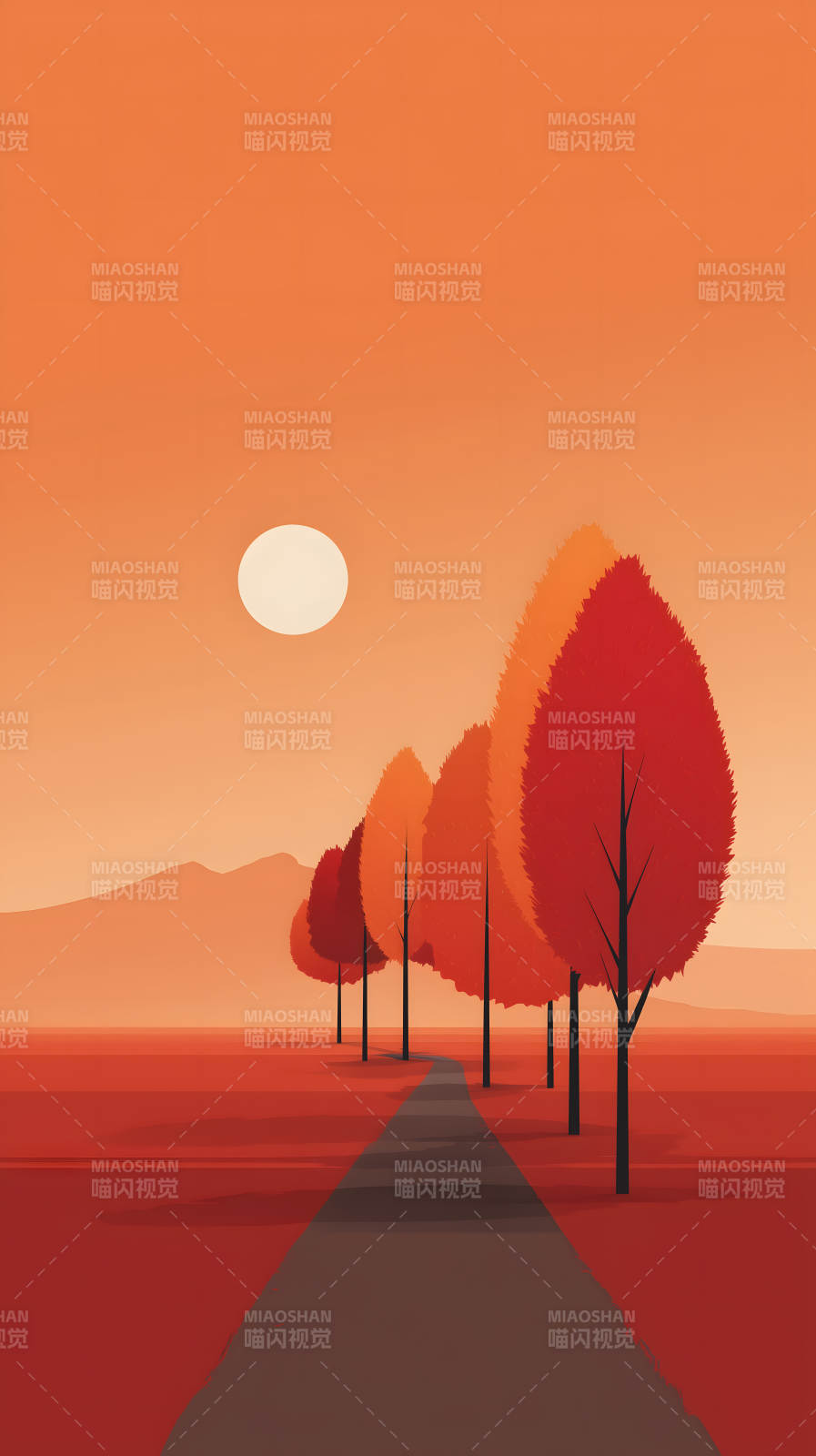 秋日風(fēng)景樹木道路太陽-圖片