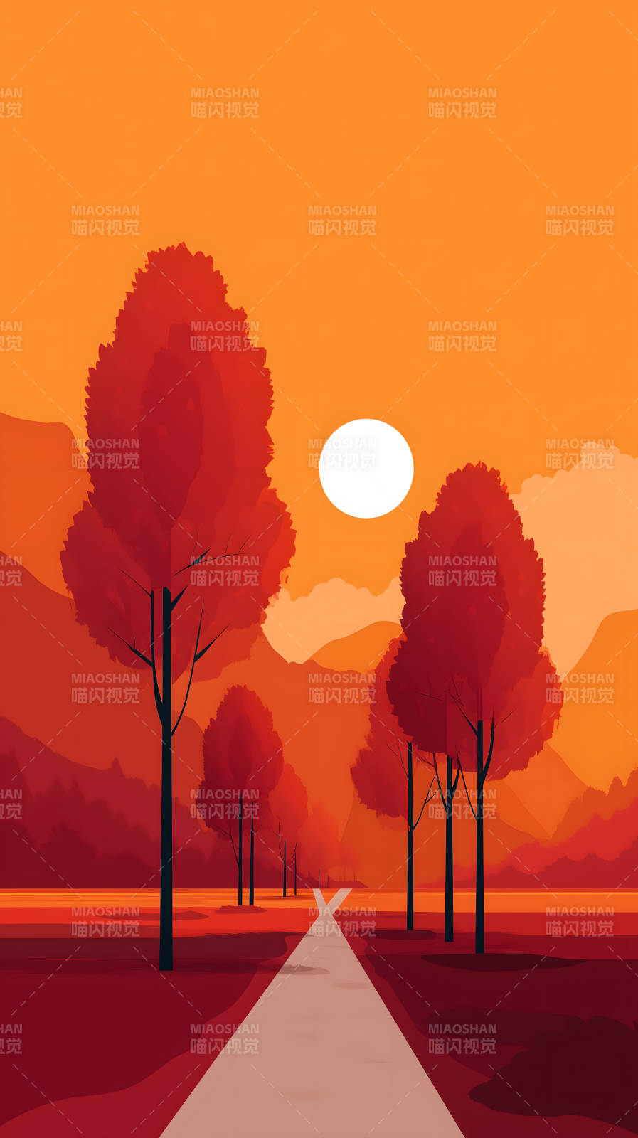 夕陽樹林道路景色-圖片