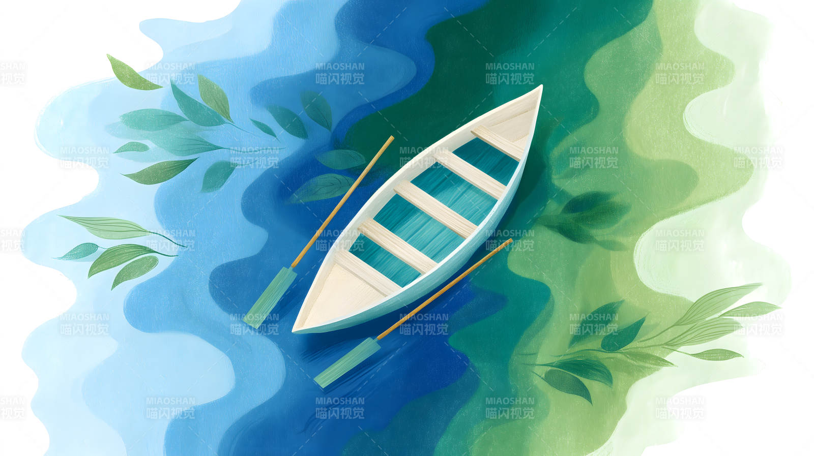 小舟碧水葉影搖曳-圖片