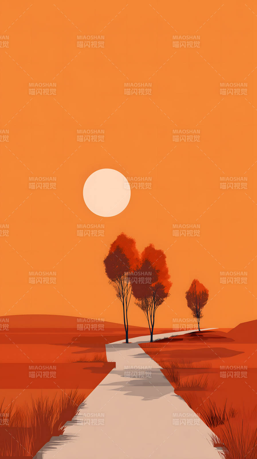 落日風景樹木道路-圖片