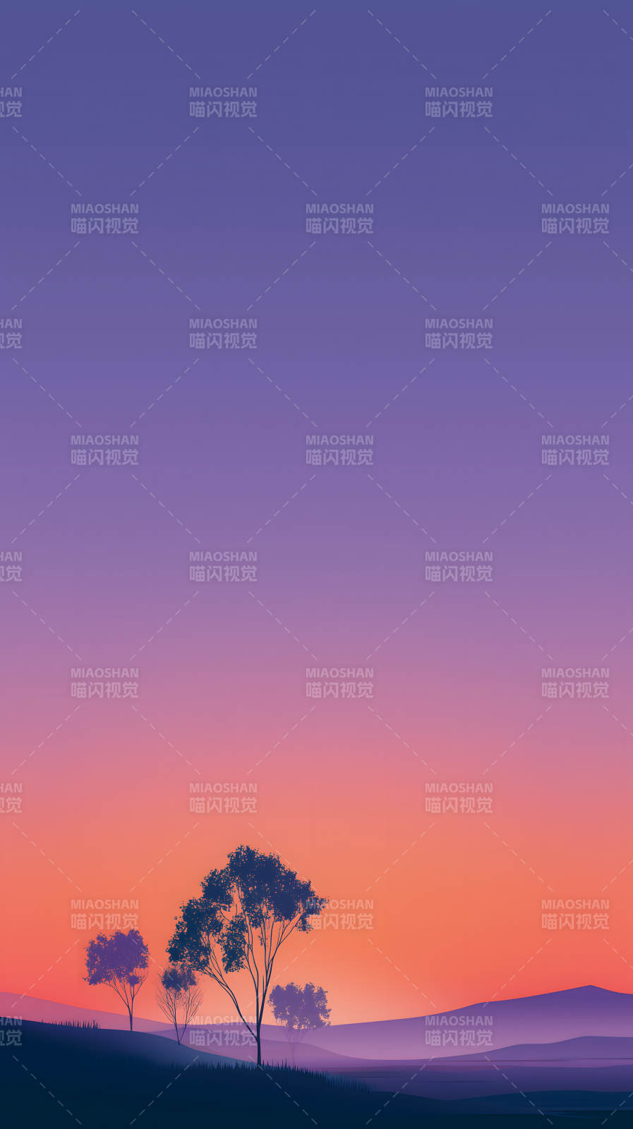 落日余暉下的樹木剪影-圖片