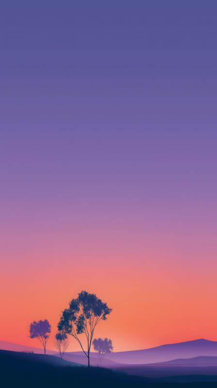 落日余暉下的樹木剪影-圖片