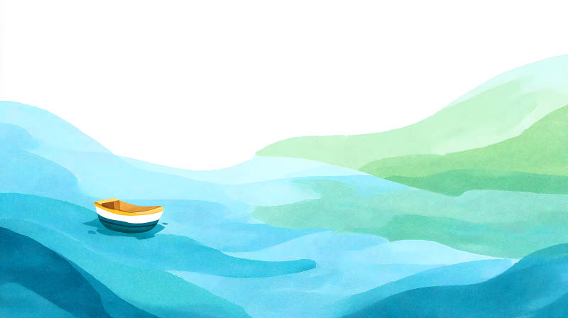 小船碧海遠山-圖片