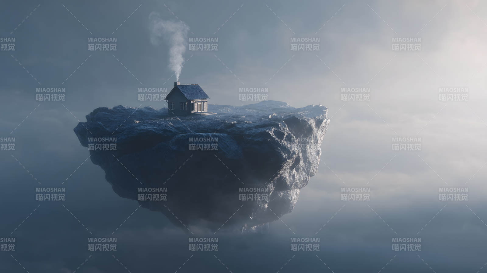 天空孤岛小屋袅袅炊烟-图片