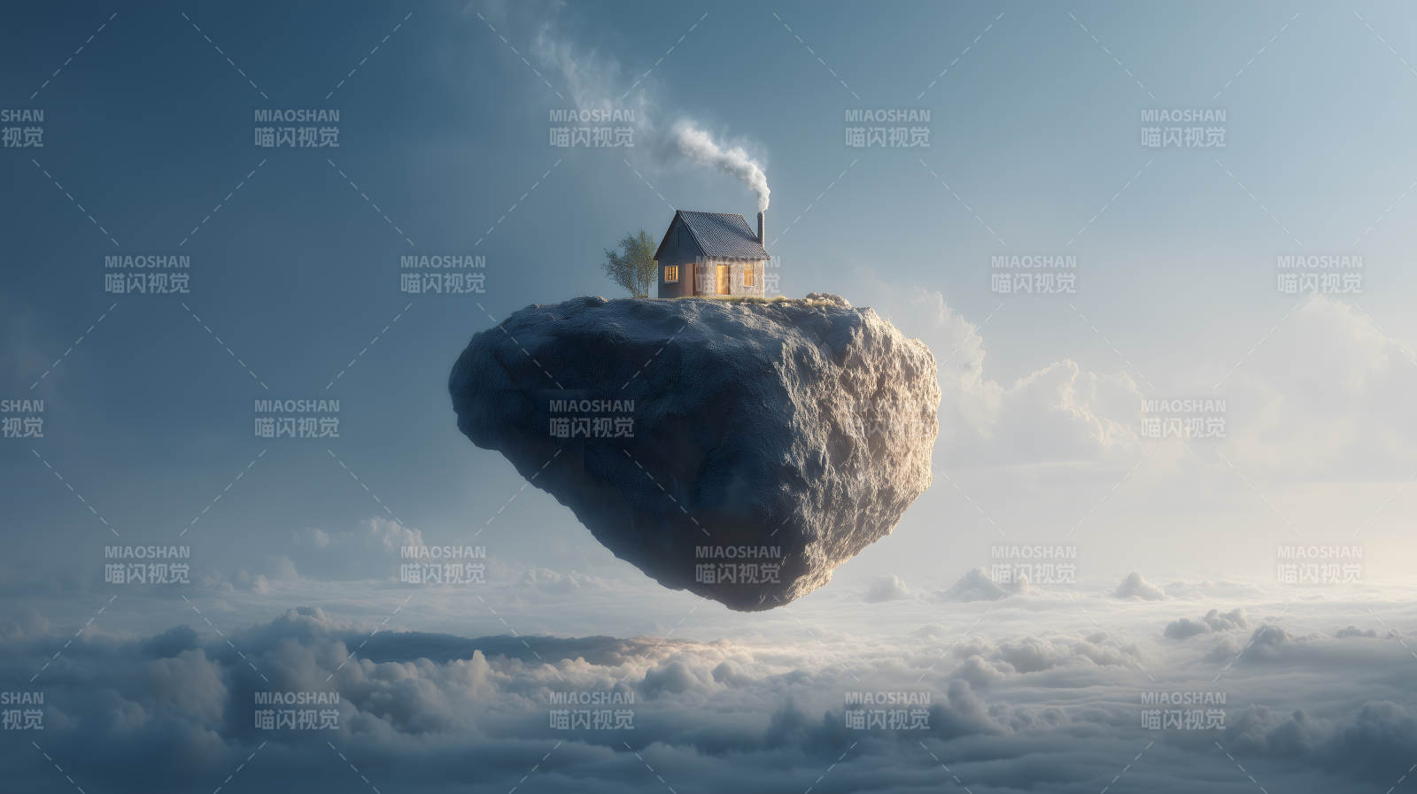 天空浮石上的小屋-圖片