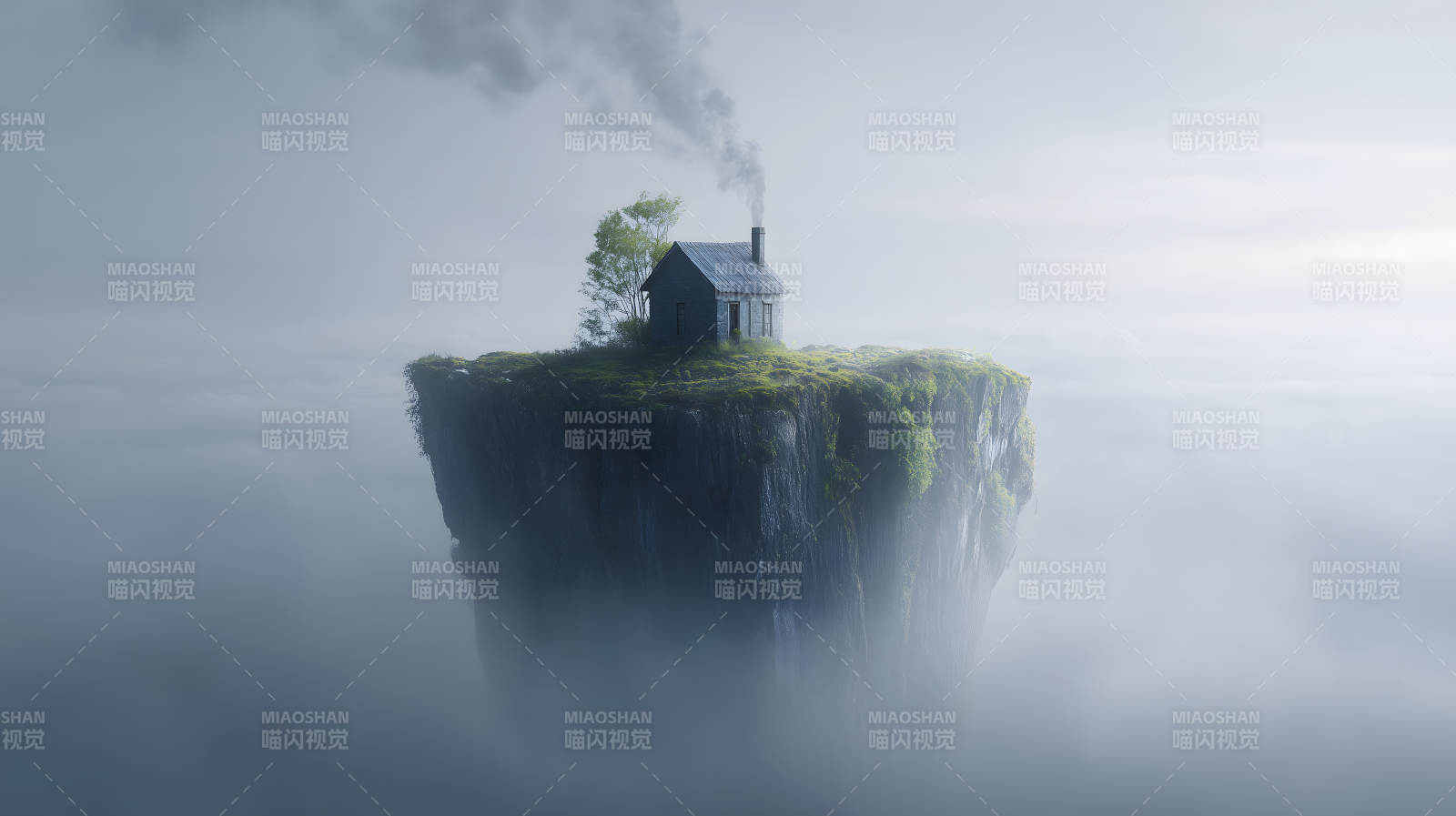 孤島小屋煙霧繚繞仙境-圖片