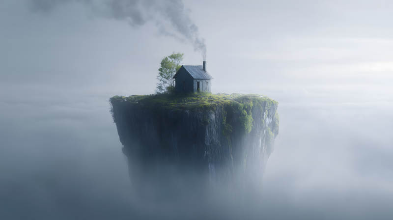 孤島小屋煙霧繚繞仙境-圖片