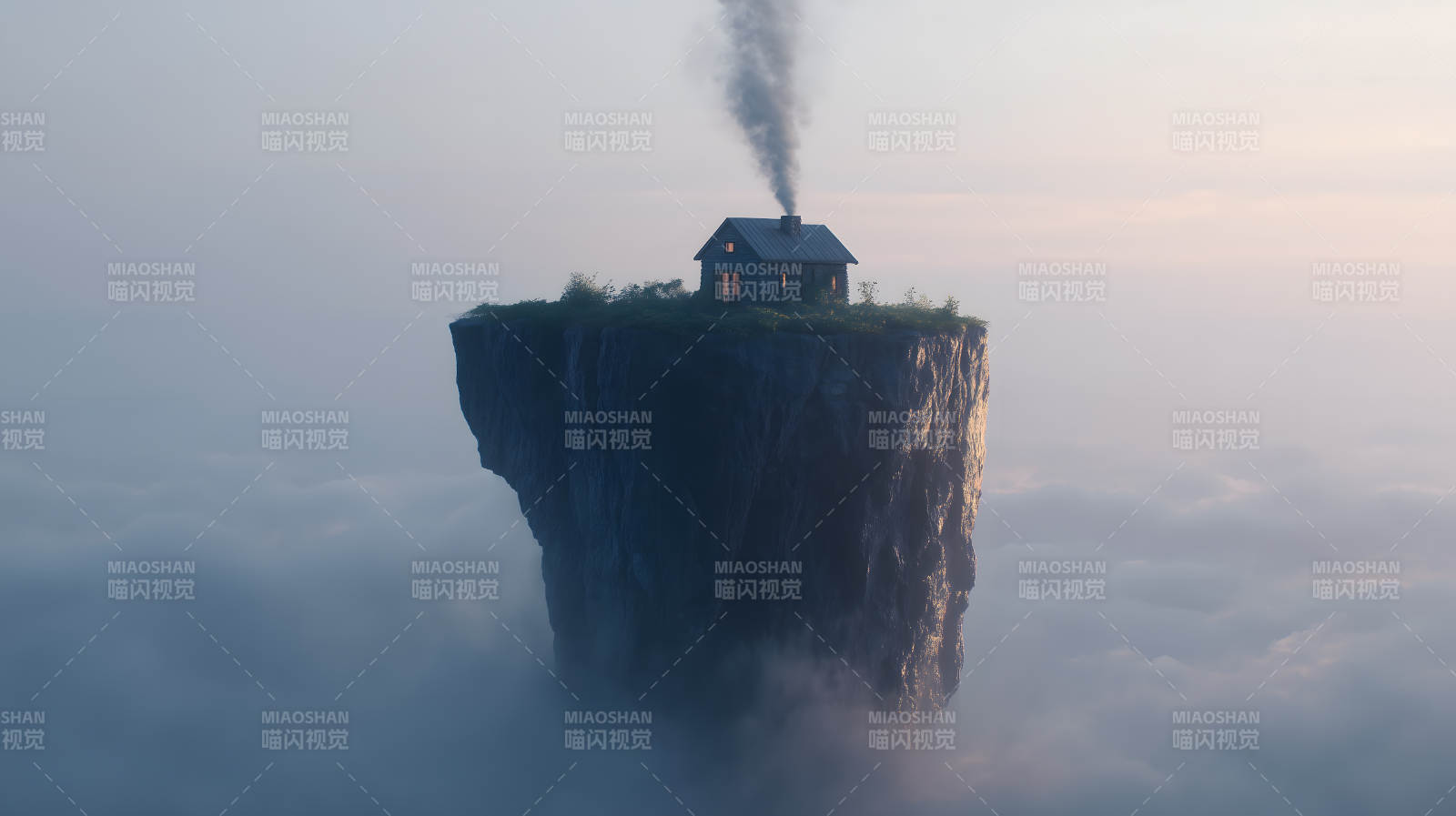 空中孤屋煙霧繚繞-圖片
