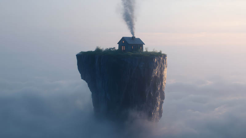 空中孤屋煙霧繚繞-圖片