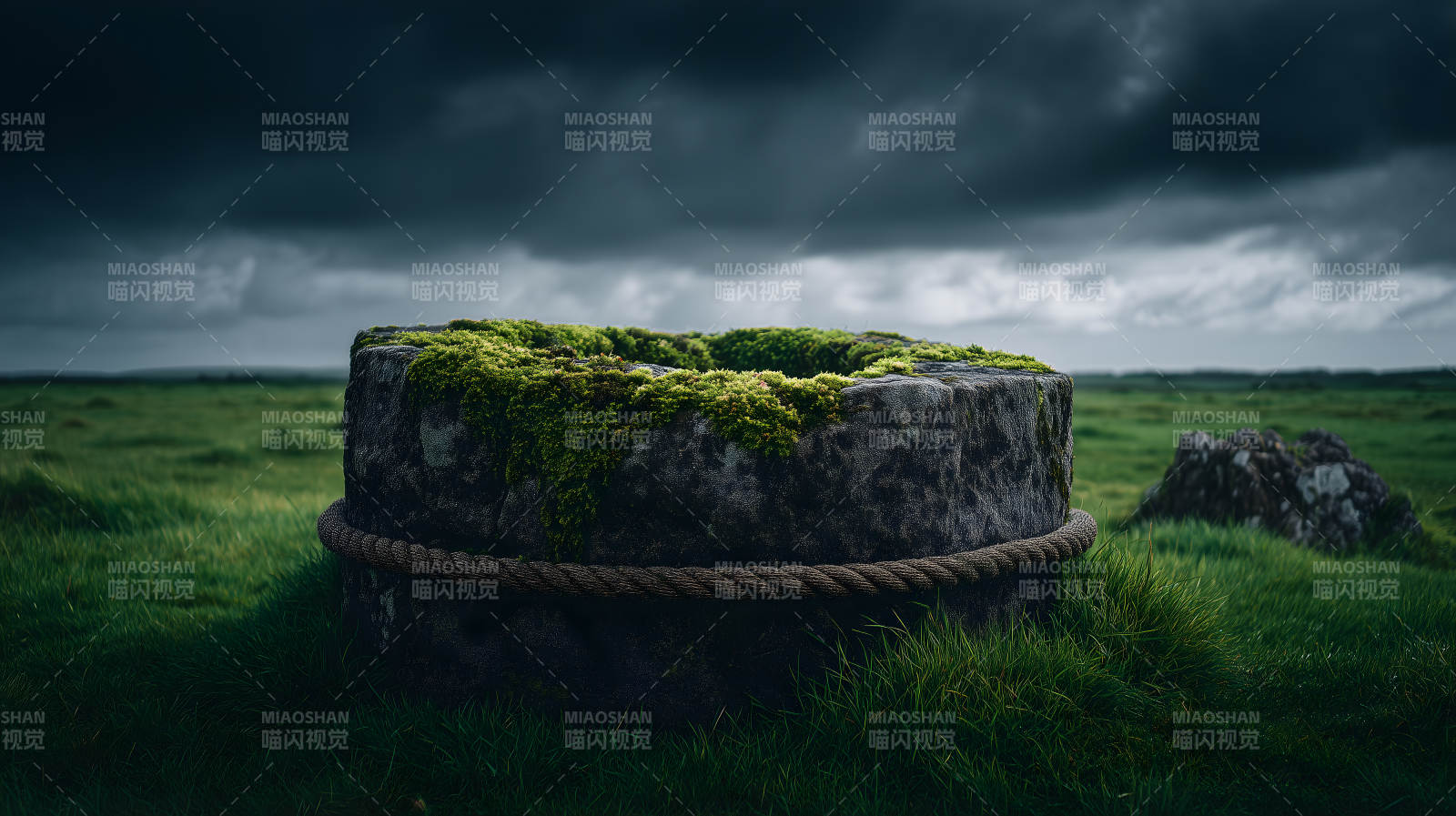 石頭環繞綠草地蒼穹-圖片