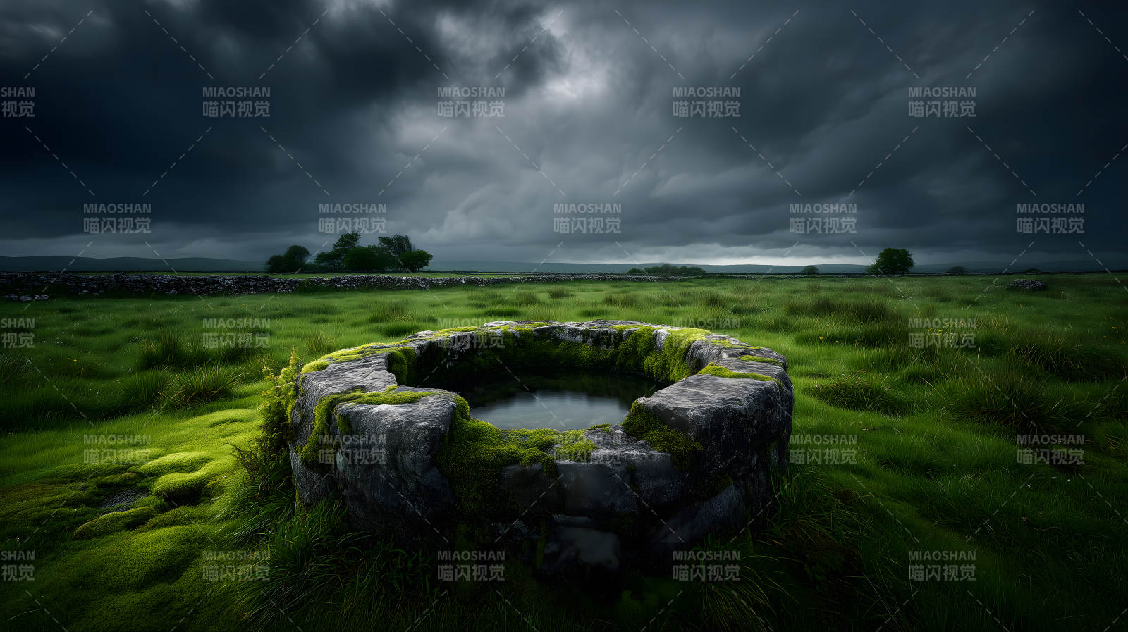 古井映襯陰云密布景象-圖片