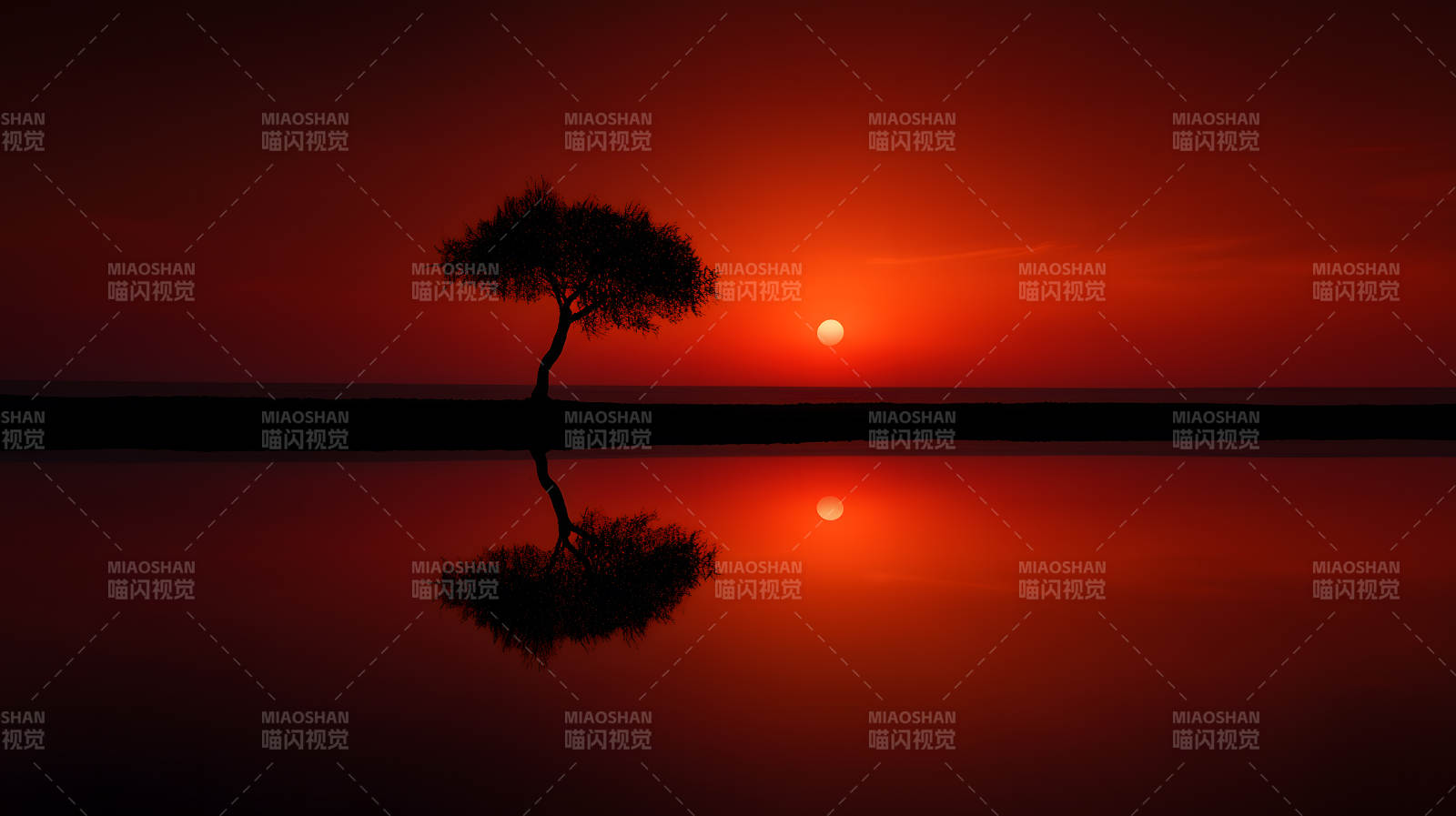 落日孤樹(shù)倒影紅-圖片