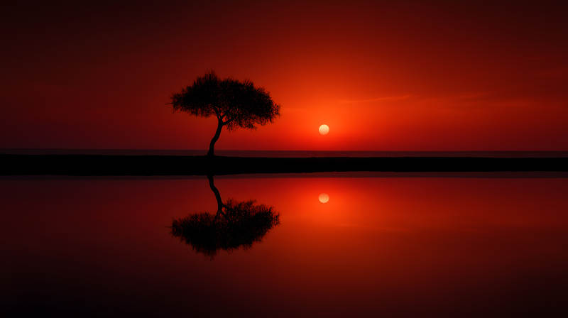落日孤樹倒影紅-圖片