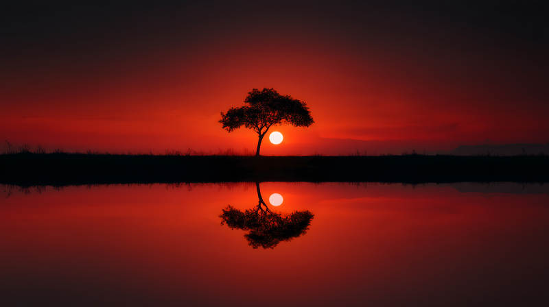 落日孤樹紅水-圖片