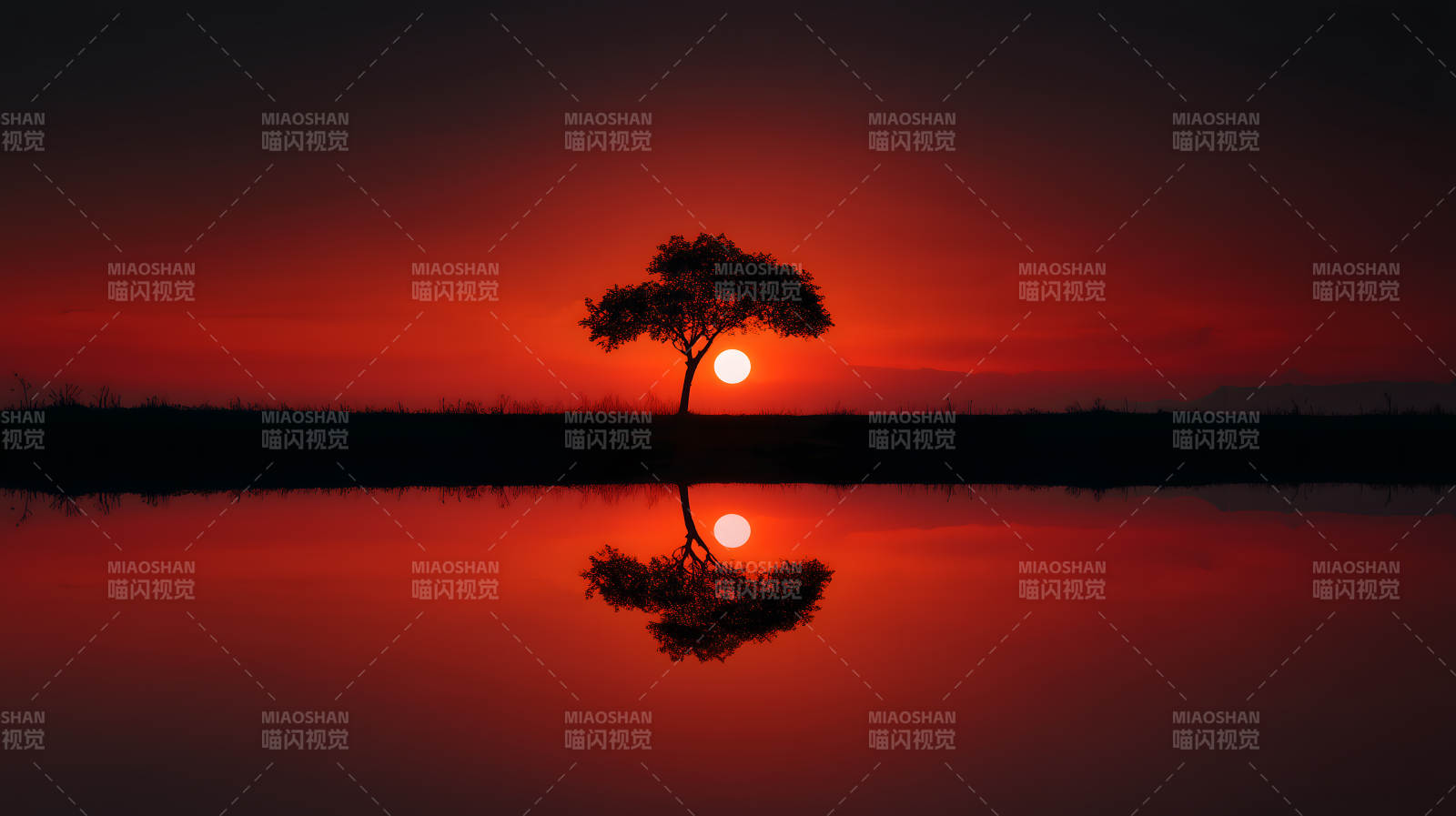 落日孤樹紅水-圖片