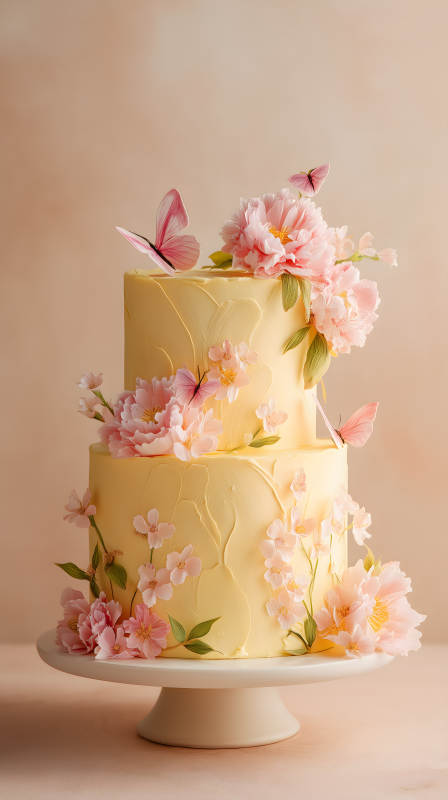 精美蛋糕與鮮花點綴-圖片