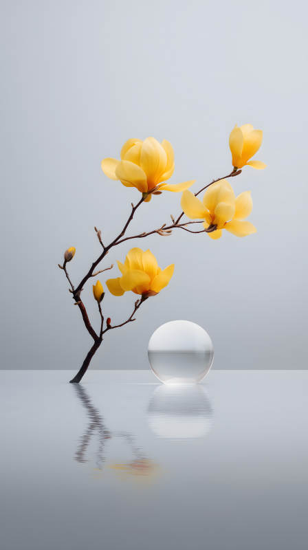 黃色花朵與玻璃球-圖片