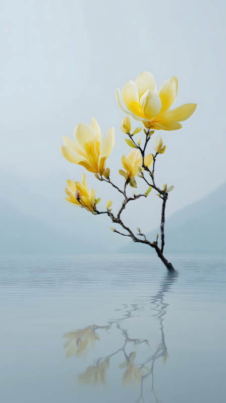 花枝倒影水中綻放-圖片