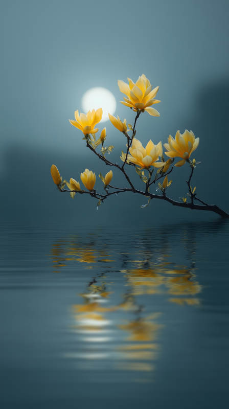 水面倒影黃色花枝-圖片