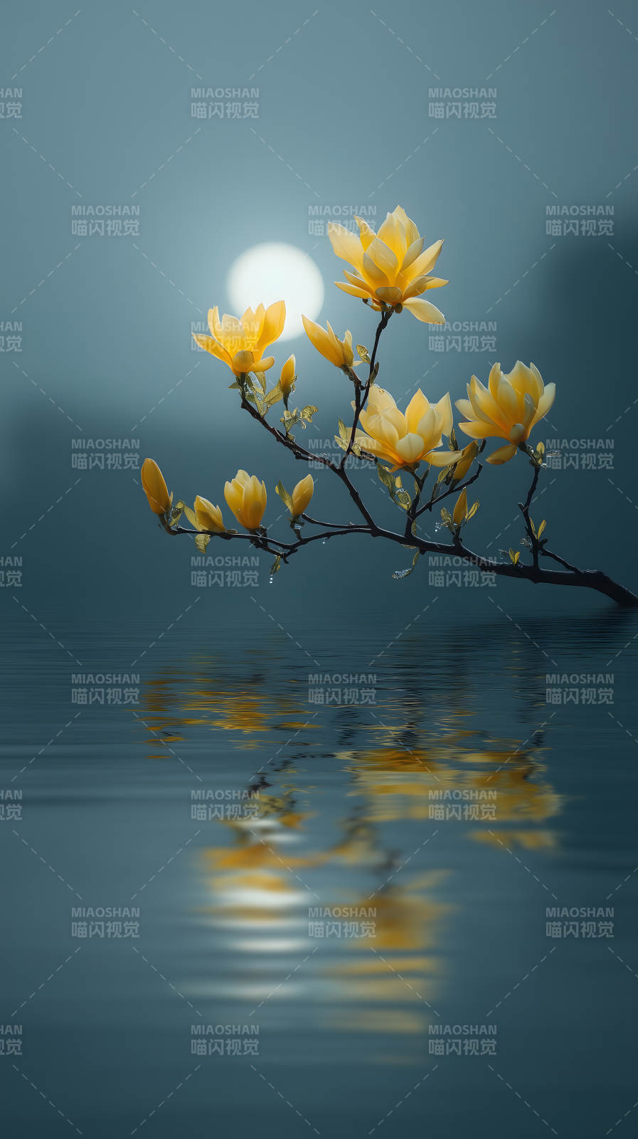 水面倒影黃色花枝-圖片