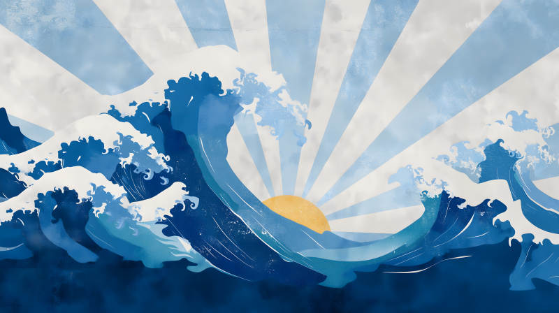 海浪日出唯美壁畫-圖片