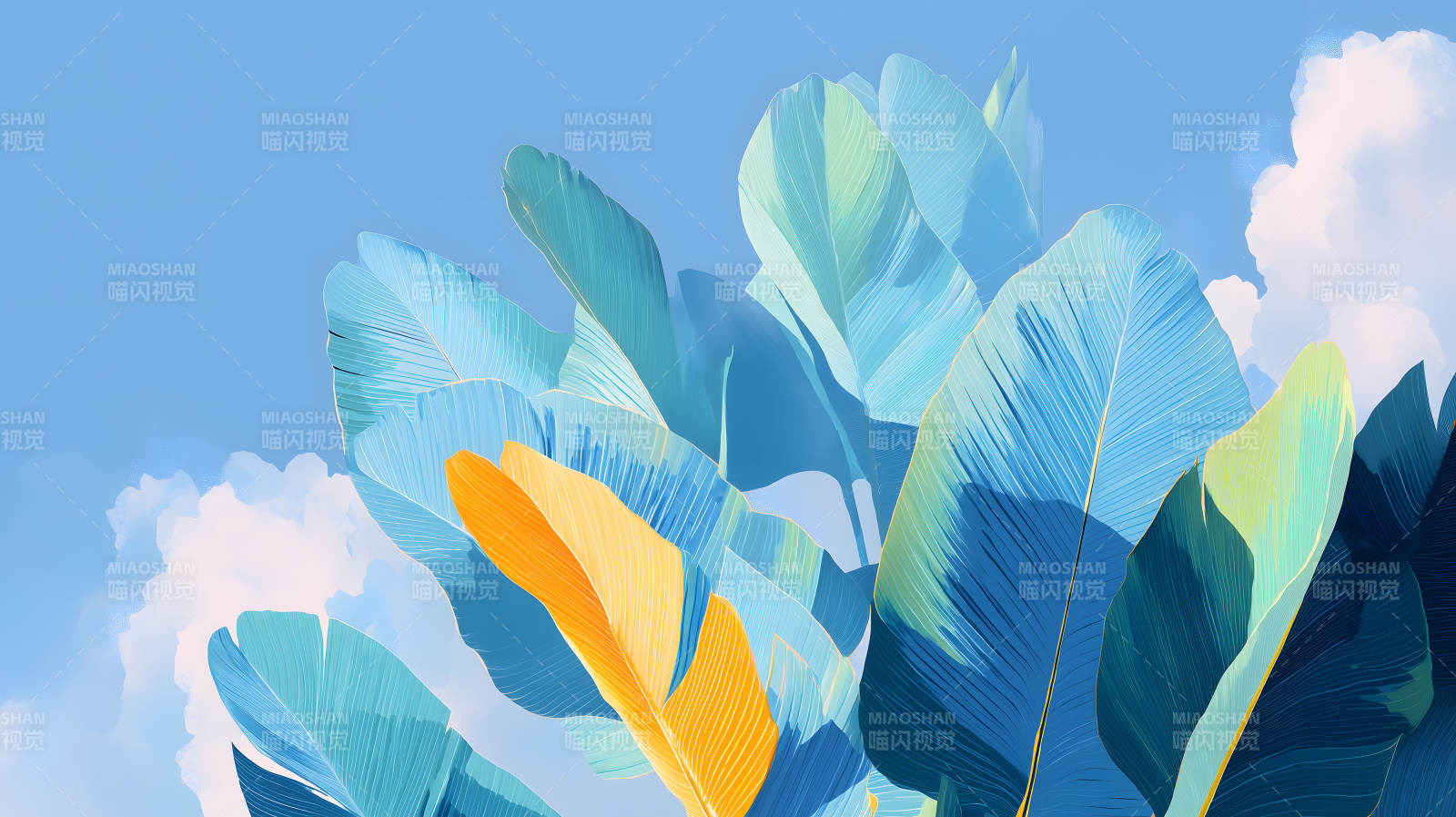 蓝叶黄叶蓝天白云-图片