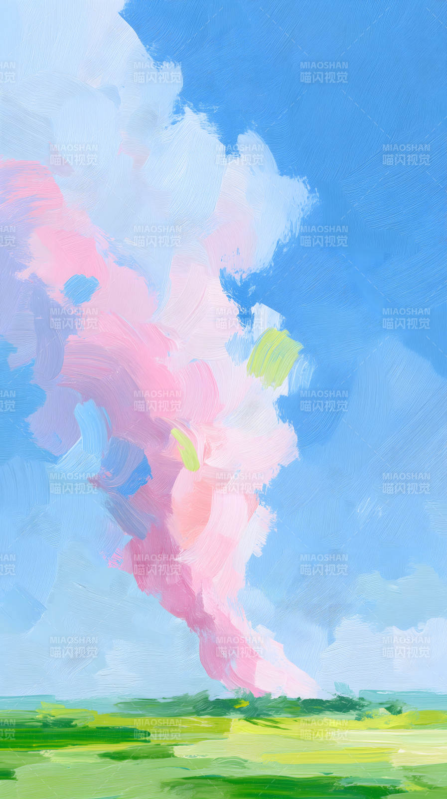 粉色烟雾与绿色平原-图片