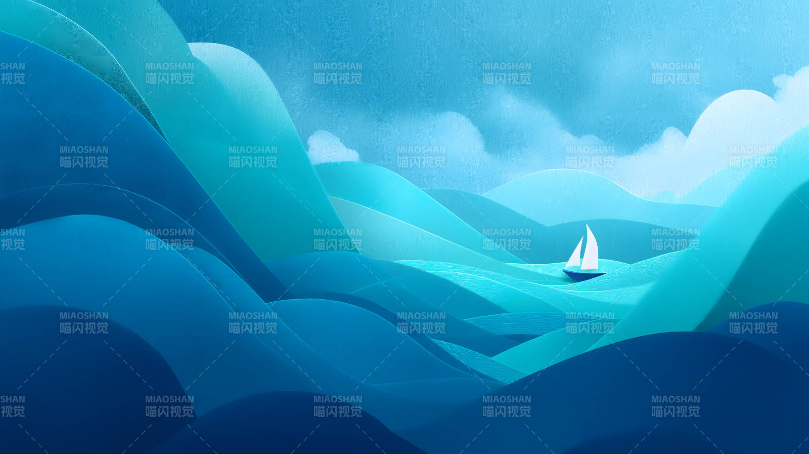 蓝色海洋小帆船风景图-图片