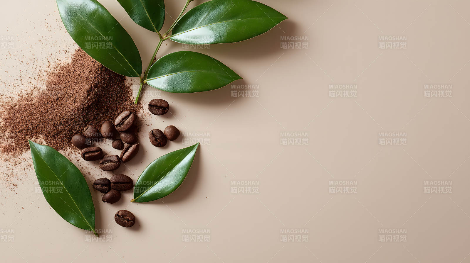 咖啡与绿叶静物摄影-图片