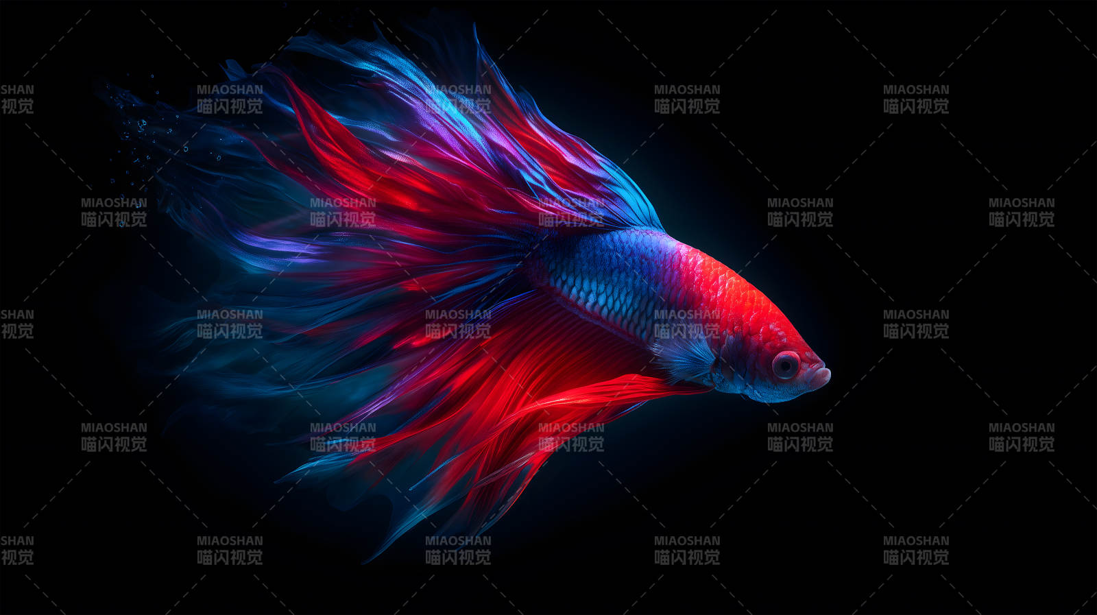 绚丽的斗鱼游动在黑暗中-图片