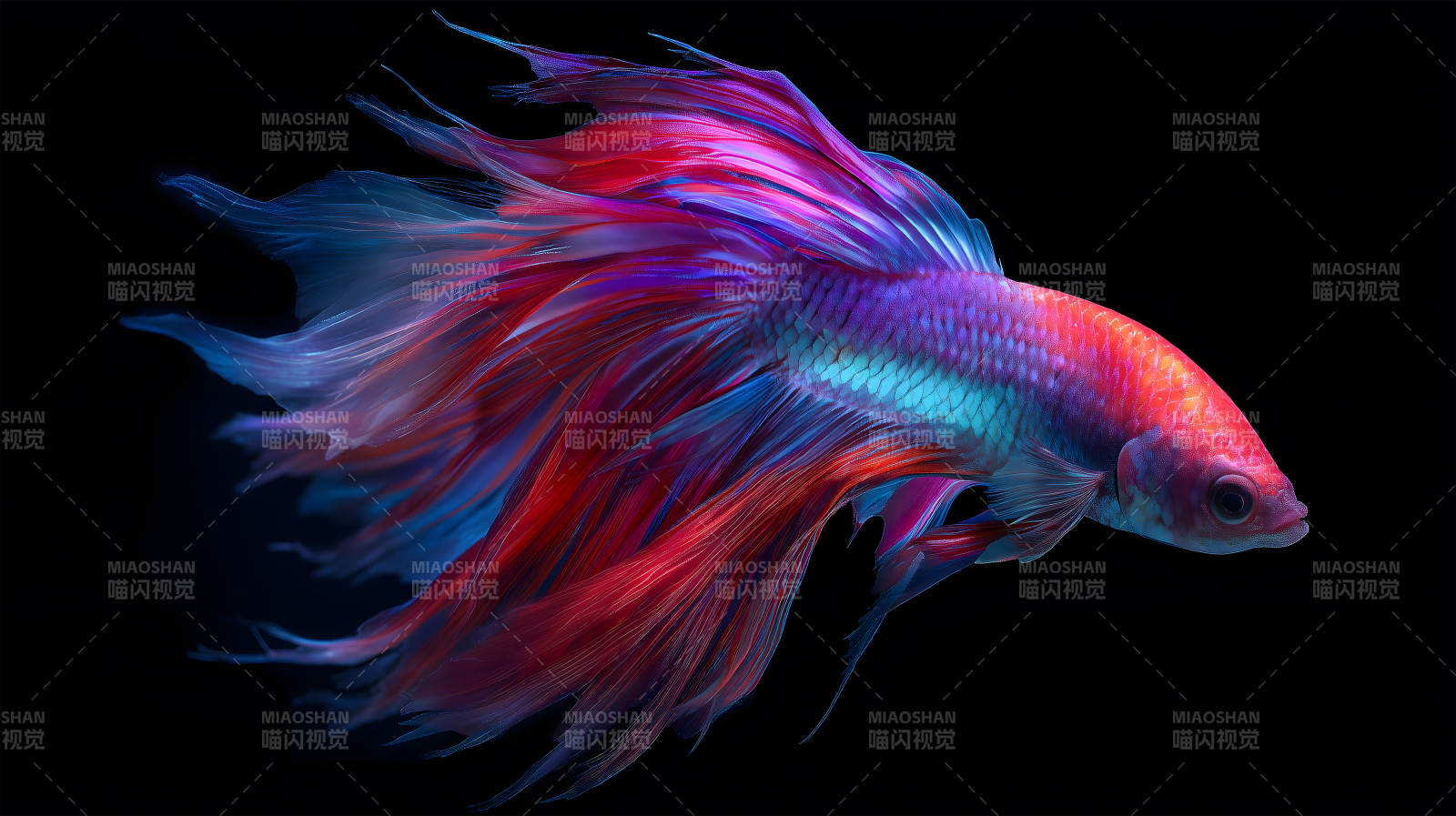 绚丽缤纷的斗鱼在黑暗中舞动-图片