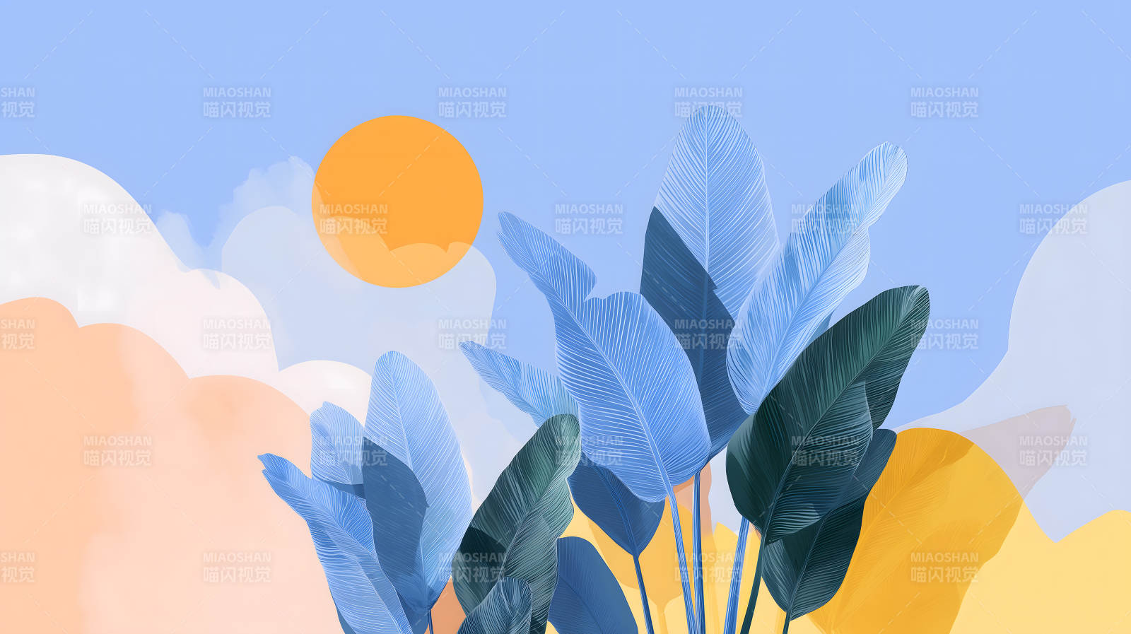 藍葉暖陽晴空水彩-圖片