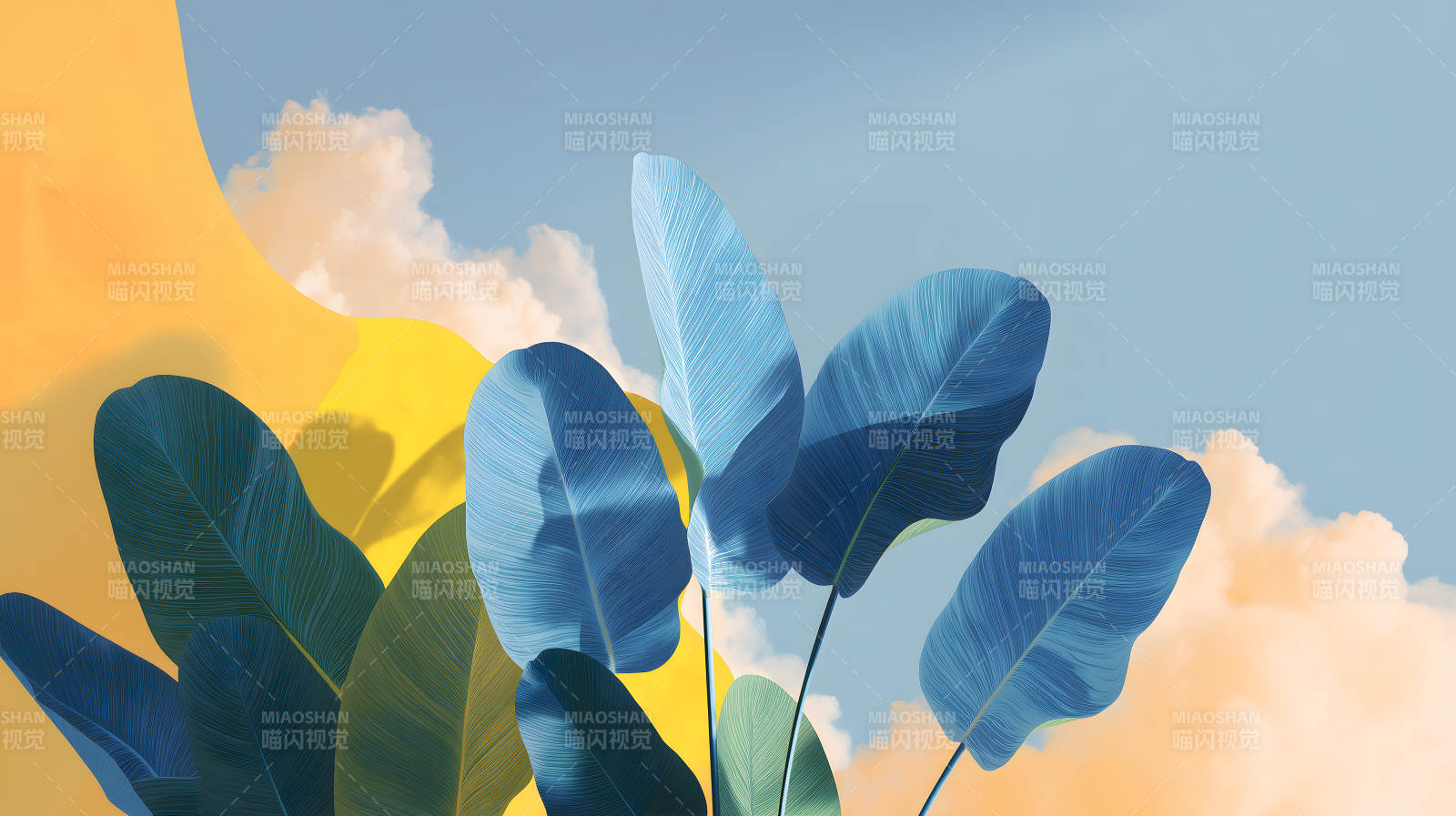 蓝叶黄背景与白云-图片