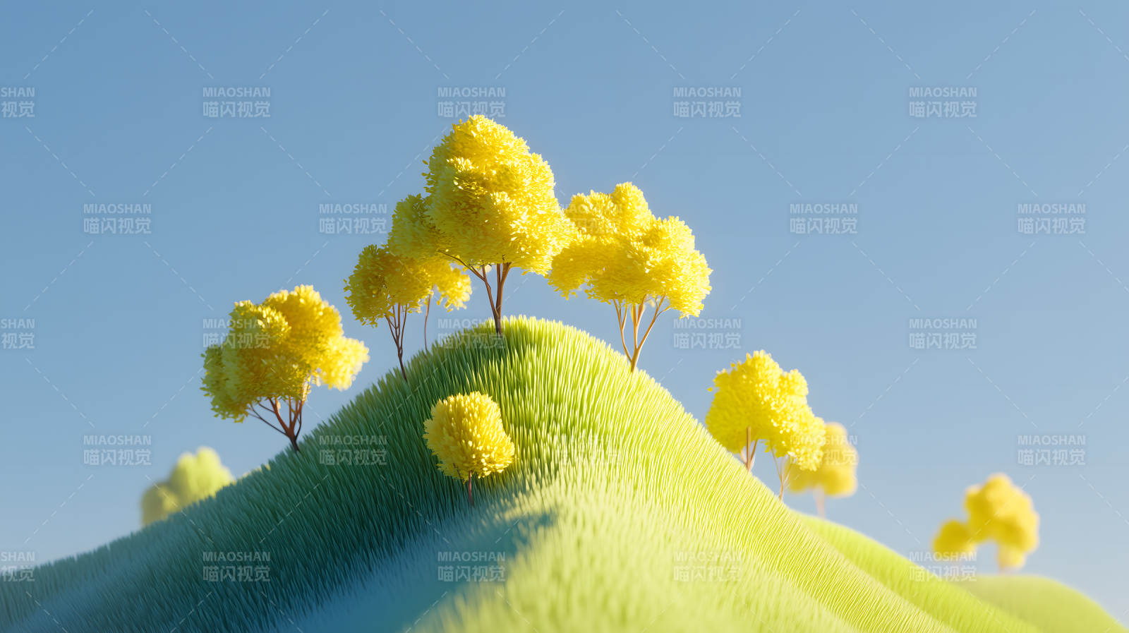卡通山丘与黄树-图片