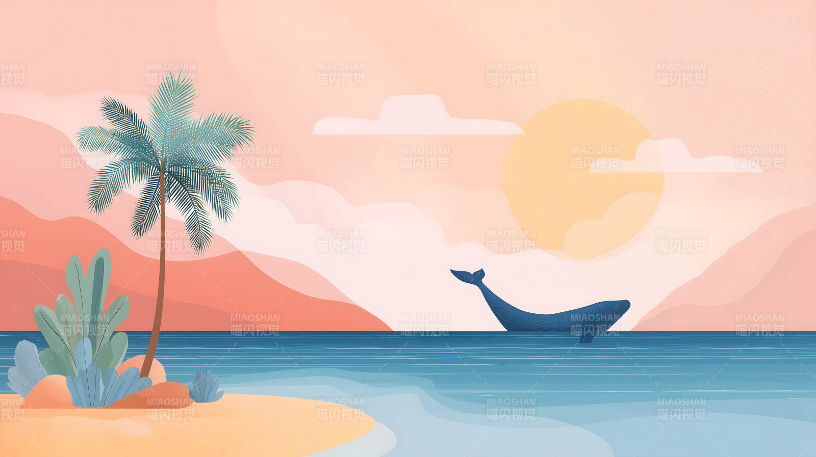 海滩鲸鱼夕阳-图片