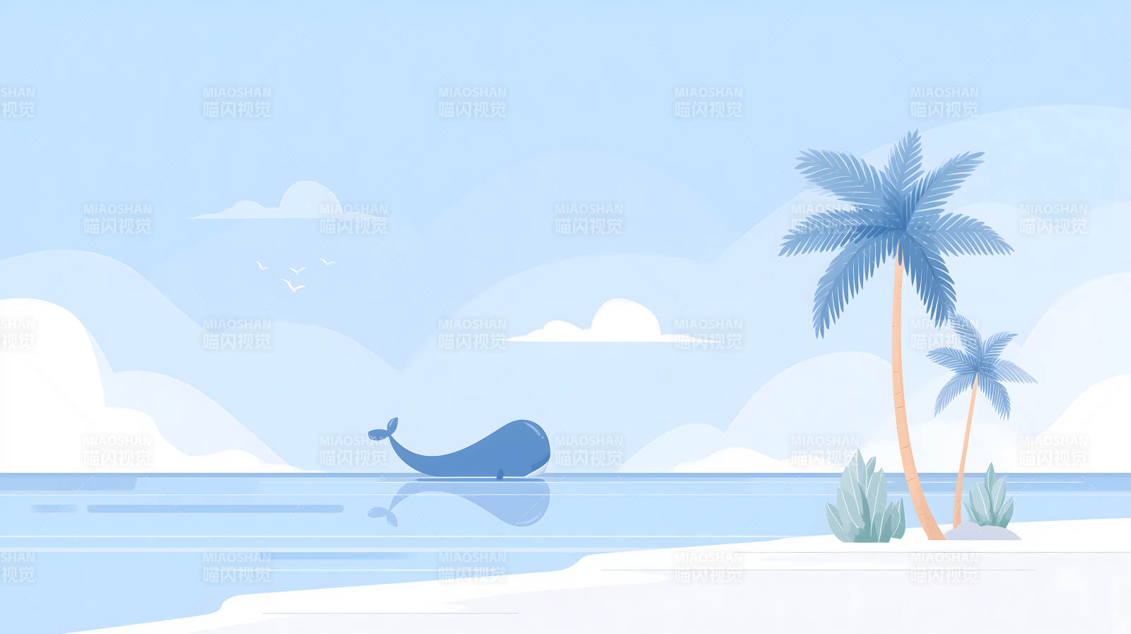 海边鲸鱼棕榈树风景图-图片