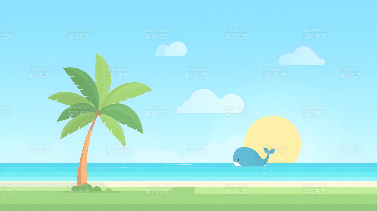 海边椰树鲸鱼简笔画-图片