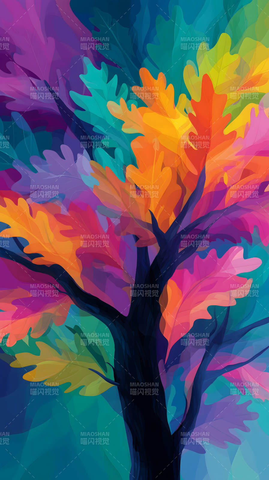 彩虹樹葉綻放色彩-圖片