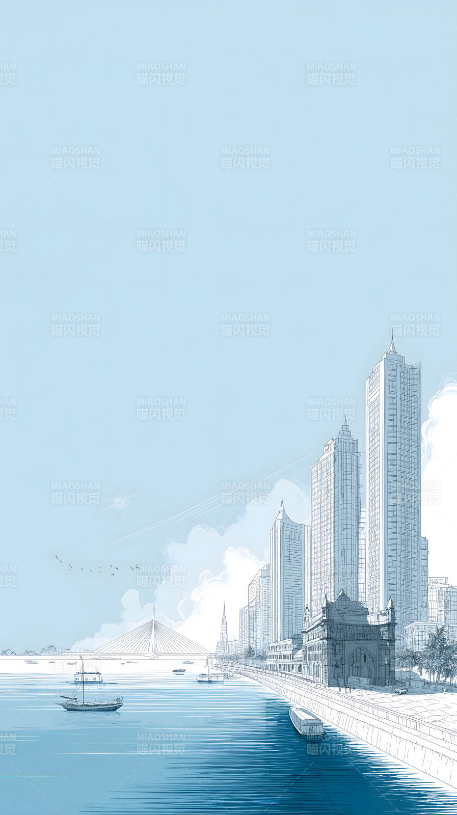 城市天际线下的蓝色港湾-图片