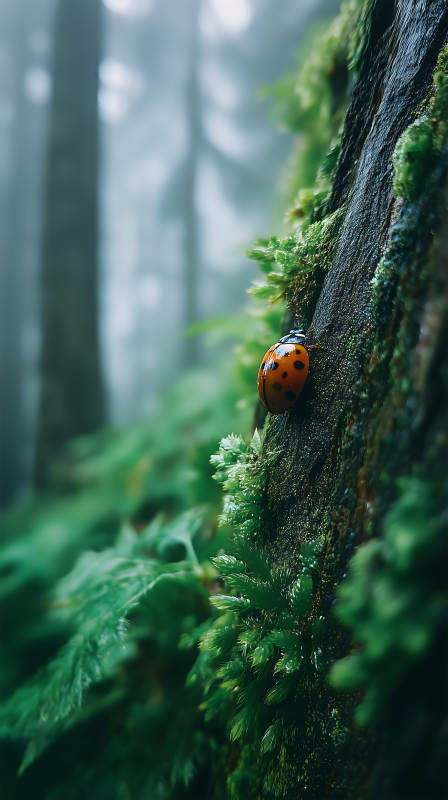 瓢蟲爬樹青苔覆蓋-圖片